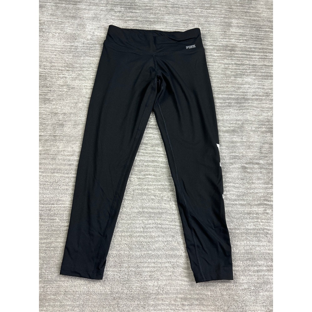 PINK Leggings Womens Small Black Ultimate Mid Rise Crop Logo Activewear 30322